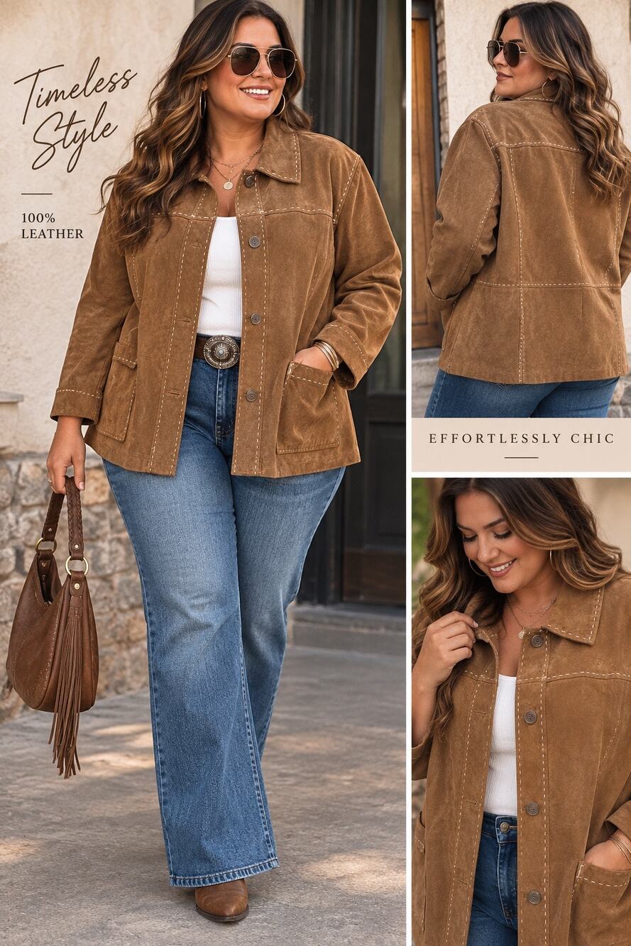 Denim + Company Brown Suede Leather Jacket 2X Western Contrast Stitch